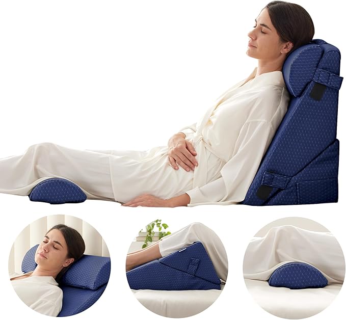 Bedluxe Adjustable 4pcs Bed Wedge Pillow Set, Memory Foam Wedges Pillow Post Surgery for Back, Neck, Leg Pain Relief, Pillows Wedge for Sleeping, Sitting up in Bed, Acid Reflux and GERD, Navy Blue
