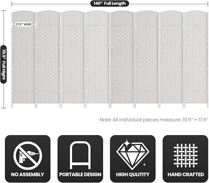 Folding Room Divider, Weave Fiber Privacy Screen, Extra Wide Room Screen Divider Separator, Decorative Separation Wall Divider, Freestanding Room (8-Panel)