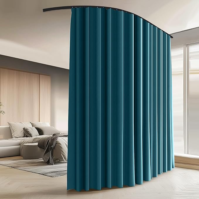 Room Divider Curtains with Ceiling Curtain Track Set Window Curtain for Bedroom,Living Room Total Blackout Thermal Insulated Privacy Ceiling Track Curtain W 9 × H 8 FT Azure Blue drape&Black track