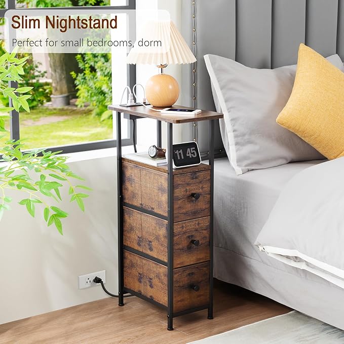 LOAKEKEL Narrow End Table Living Room with Charging Station, Skinny Side Table with Fabric Drawers, Slim Nightstand for Bedroom, Small Spaces, Couch, Rustic Brown, HETNDP03PBR-1