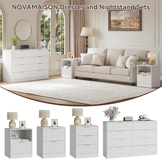 8 Drawer Dresser & Nightstand Set 3-Piece, 55” Wide Bedroom Set Night Stand Set of 2 with Metal Handle, Fluted Modern Wood Chest of Drawers Storage Dressers Set for Bedroom, White