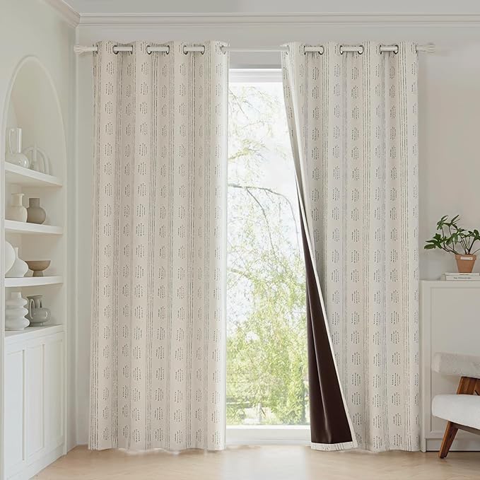 100% Boho Blackout Curtains 72 Inches Long for Bedroom, Grey on Beige Patterned Bohemian Curtains for Living Room, Geometric Striped Thermal Insulated Window Drapes Gromment Top 2 Panels