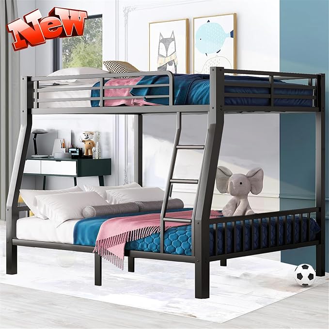 Upgraded Version Thicken Metal Heavy-Duty Full Over Queen Bunk Bed, Best Modern Style Stronger Full XL Over Queen Size Bunk Bed with Ladder for Adults, Easy Assembly (Queen-1 Ladder)