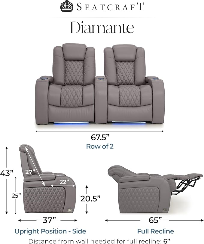 Seatcraft Diamante Zero-Gravity CoolZero Italian Leather Home Theater Seating, Power Headrest, Power Recline, Row of 2, Gray