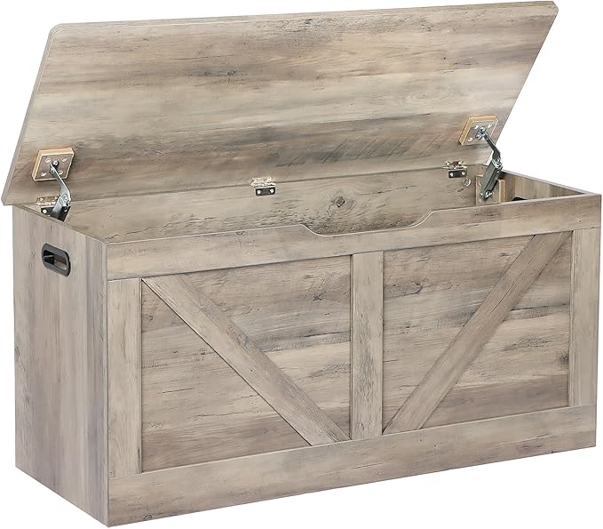 Timberer 39.4" Storage Chest, Wooden Storage Bench, Large Storage Trunk with 2 Safety Hinges, Entryway Shoes Bench for Living Room, Bedroom, Grey