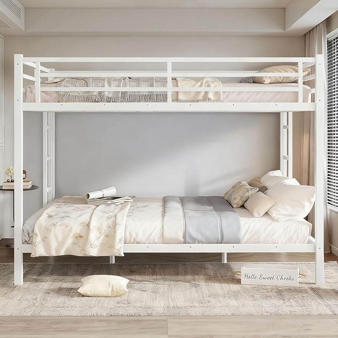 Queen Over Queen Bunk Bed Frame, Heavy Duty Metal Loft Bed for Adults/Teens, 400/600LB Capacity w/Ladder & Guardrail, Noise-Free Steel Slats, No Box Spring Required, White