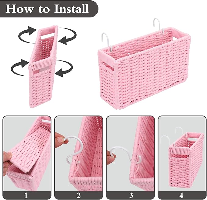 Cotton Rope Woven Bedside Caddy for Dorm Bed, Foldable Bedside Shelf Bunk Bed Accessories, College Dorm Room Essentials Hanging Organizers Storage Basket, Room Decor Magazine File Holder (Pink)