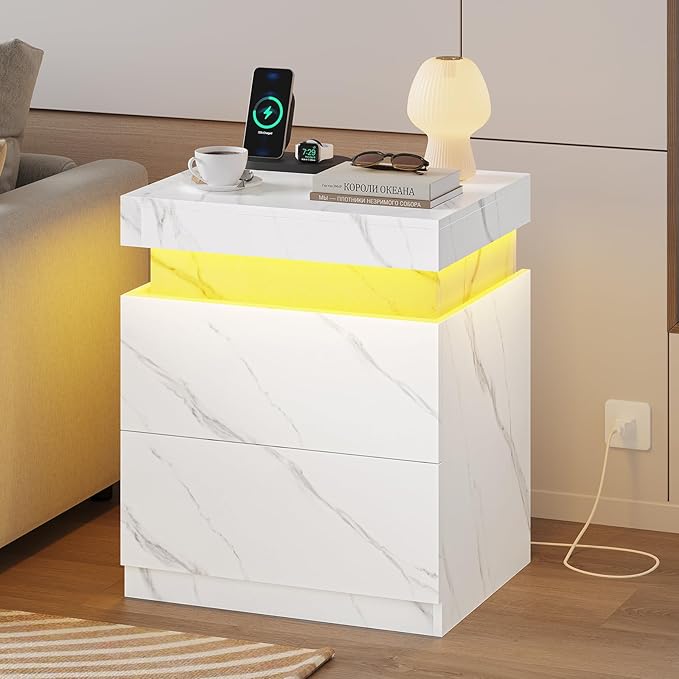 ADORNEVE Nightstand with Charging Station and LED Lights,Night Stand with Sliding Top,Bedside Table with 2 Drawers,Modern End Side Table for Bedroom,White Marble
