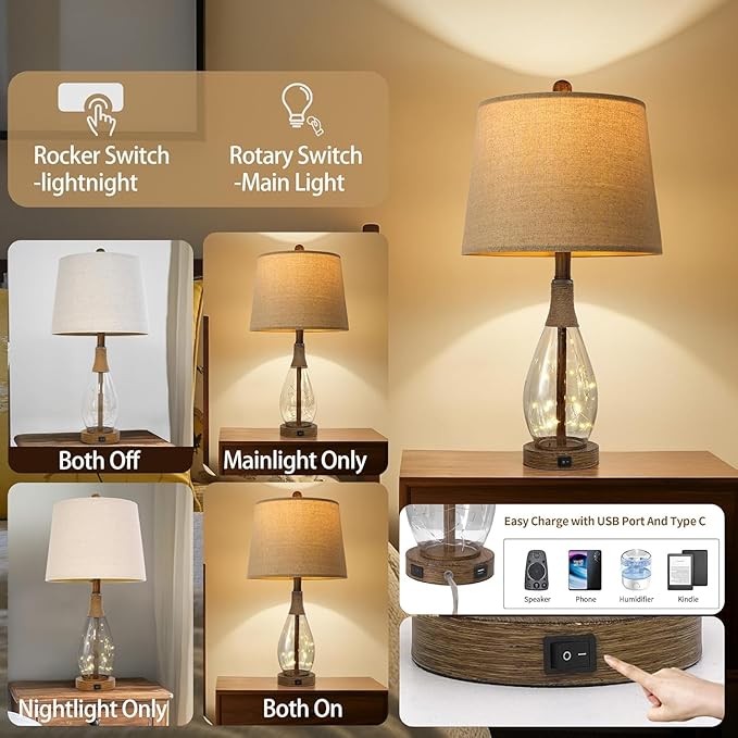 OYEARS Bedside Table Lamps Set of 2 with USB, Modern Bedside Lamps Retro Farmhouse Rattan Glass Nightstand Nightlight Lamps for Bedroom Living Room Dorm,Two Light Points