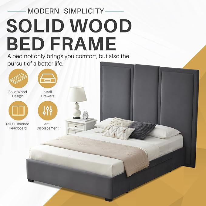 YUHUASHI Queen Size Bed Frame with 64-inch High Headboard, Simple and Airy Linen Upholstered Platform Bed with Storage Drawers, Wood Slat, No Noise (Grey, Queen (U.S. Standard))
