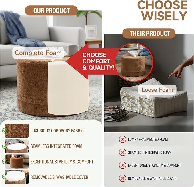 Tiita Pouf Ottoman and Foot Rest, Round Foam Stuffed Floor Pouf with Storag for Living Room, Brown