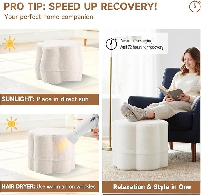 Tiita Floral Pouf Ottoman, Foot Stools Ottoman with Foam Chunk Filling, Puff Foot Rest for Couch, Living Room, Kids Room, Cream