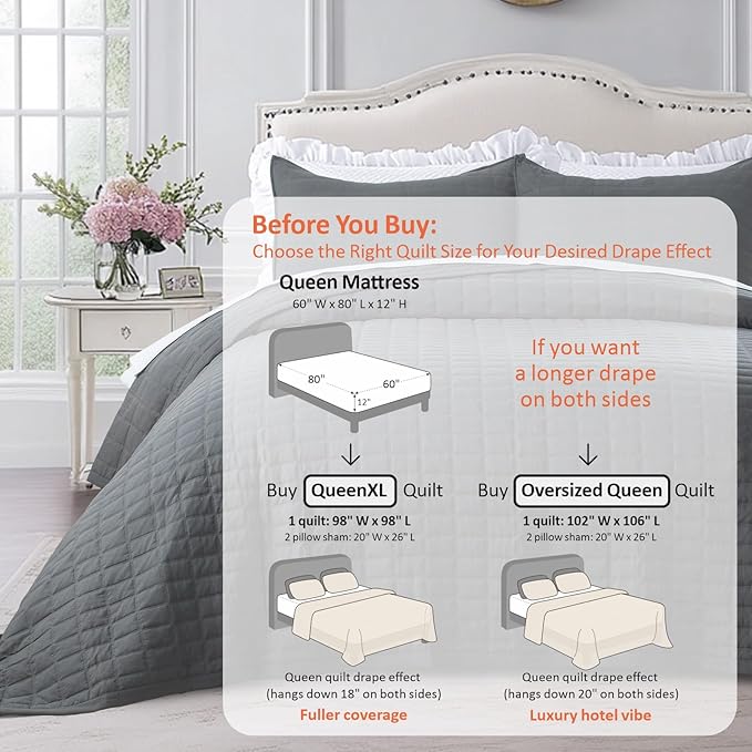 KASENTEX Queen XL Quilt Set 98"x98" – Soft Washed 3-Layer Lightweight Bedspread, Minimalist Nordic Design, All-Season Spring & Summer Quilt Set (1 Quilt + 2 Pillow Shams), Dark Grey