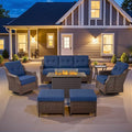 Belord Luxurious 7 Piece Patio Furniture Set with Fire Pit Table, High Back Swivel Rocker Glider Outdoor Chairs with 6" Blue Cushion, All-Weather Patio Conversation Set for Yard Garden Brown Wicker