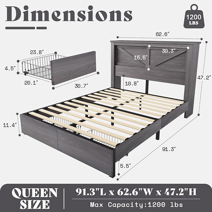 AMERLIFE 47.2" H Queen Bed Frame with Hidden Space Bookcase Headboard and Charging Station, Beds with 2 Storage Drawers and Wood Slats, No Box Spring Needed, Grey