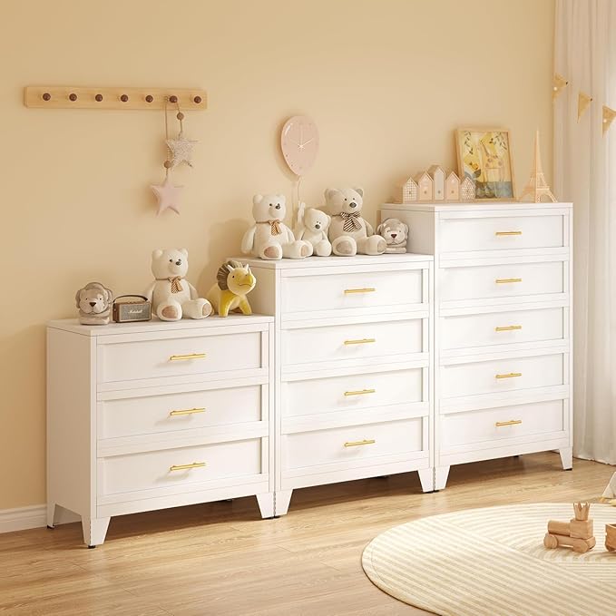 Metal Dresser, White Small Dresser for Bedroom, 34.25" H Dressers & Chests of Drawers, 3 Drawer Dressers for Living Room, Entryway, Hallyway (White, 3 Drawers)