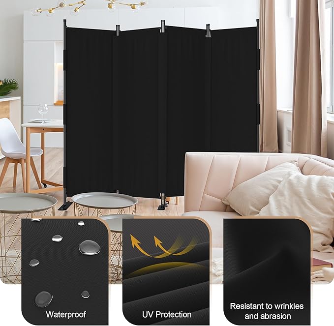 Room Divider, Upgraded Privacy Screen Highly Secretive, 4 Panel Portable Room Separation 88’ W Partition Room Dividers, Freestanding Wall Divider Panel Studio Bedroom Office(Black)
