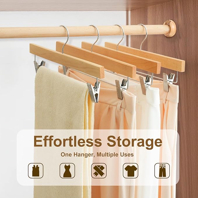 BAGAIL 10 Pack Wooden Pants Hangers with Adjustable Clips, 360°Swivel Hook Space Saving Skirt Holders with Anti-Rust Clips for Trousers, Jeans, Shorts (Natural)