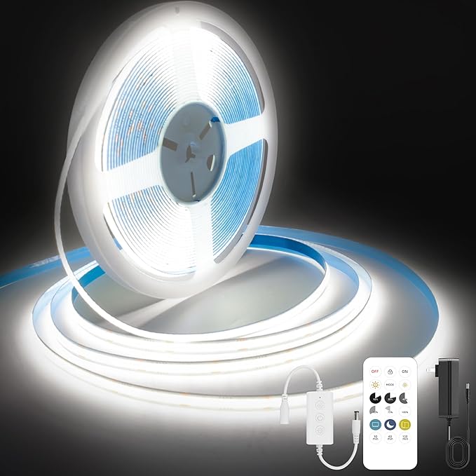 COB LED Strip Lights Cool White,24V Dimmable led Light Strip KIT with Remote and app Control,6000K 25FT/7.5m 8mmwide Ra>90 Cuttable Flexible Strip Lights for Bedroom,Wardrobe,Cabinet