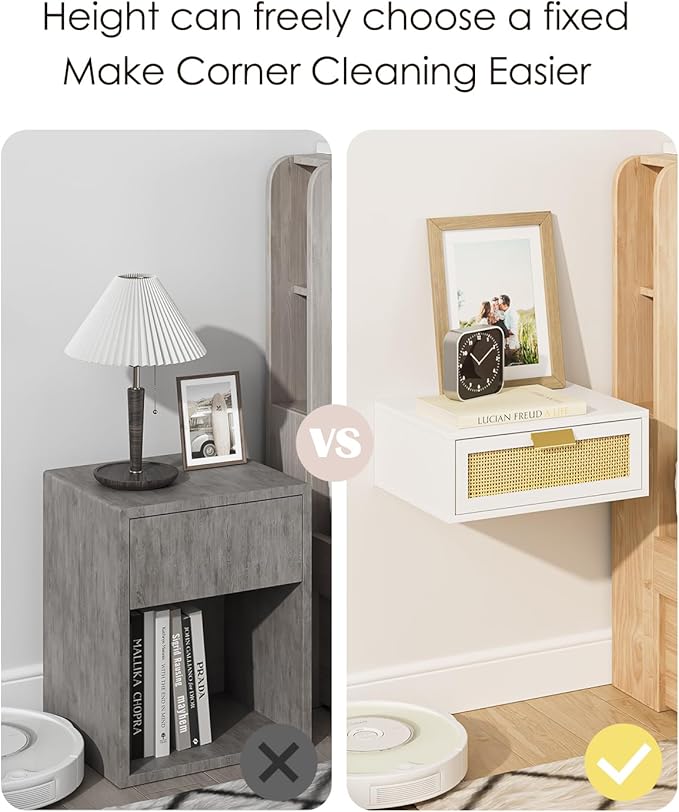 Floating Nightstand, Floating Shelf with Drawer, Wall Mounted Nightstand, Floating Bedside Table (White Rattan)