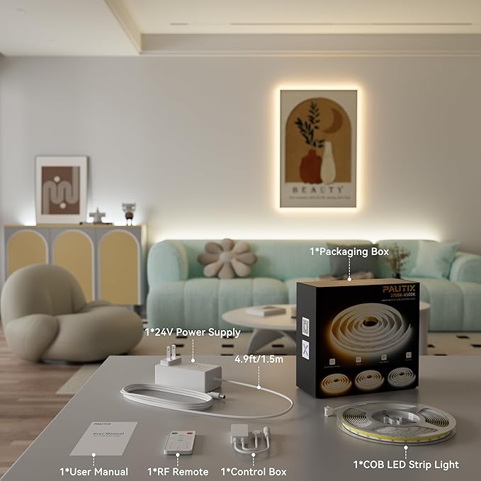 PAUTIX COB LED Strip Lights 2700K-6500K CCT Tunable White 24ft UL-Listed Dotless LED Lights Super Bright Dimmable 24V LED Tape Light with APP/RF Remote Control,Under Cabinets Bedroom Kitchen Lighting