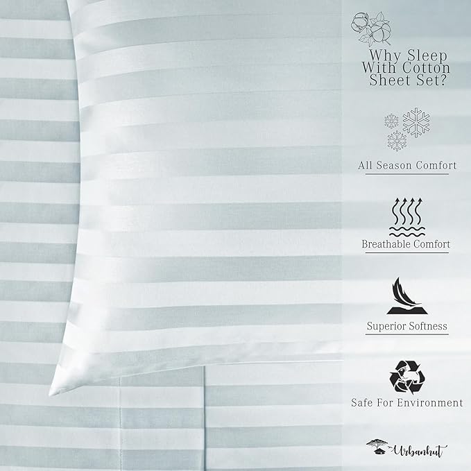 URBANHUT 800 Thread Count 100% Cotton Damask Full Size Sheets, 4 Piece Striped Full Size Bedsheets, Luxury Hotel Sheets Sateen Weave - Better Than Egyptian, 16" Elasticized Deep Pocket- Light Blue