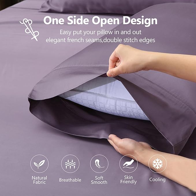 King Sheets, Rayon Derived from Bamboo, Cooling Bed Sheets Set,Deep Pocket Up to 16", 4 Pieces Silky Soft, Breathable Bedding Sheets & Pillowcases(Dusty Purple,King)