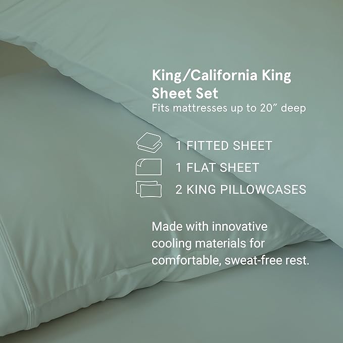 SHEEX - Original Performance Sheets Set (King/California King) Pearl Blue - Cooling Sheets, Moisture Wicking - 1 Flat Cooling Sheet, 1 Fitted Cooling Sheet, 2 Pillow Covers - Wrinkle Free, Sleep Aid