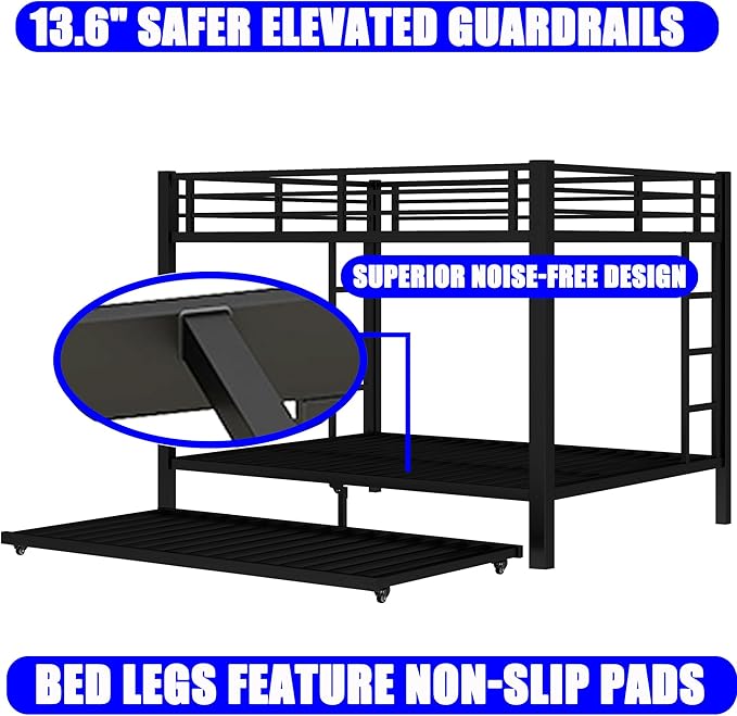 Upgraded Version Thicken Metal Heavy-Duty Queen Over Queen Bunk Bed with Trundle, Best Modern Style Stronger Queen Size Bunk Bed Frame with Ladder for Adults, Easy Assembly (Queen with Trundle)