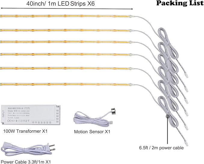 Under Cabinet Light, 6 PCS 40 Inches LED Strips, 1200 Lumen, Daylight 6500K. for Kitchen Cabinets, Counters, Cupboard, Bookshelf (Cold White 6500K, 6 * 40inch COB LED Strips)