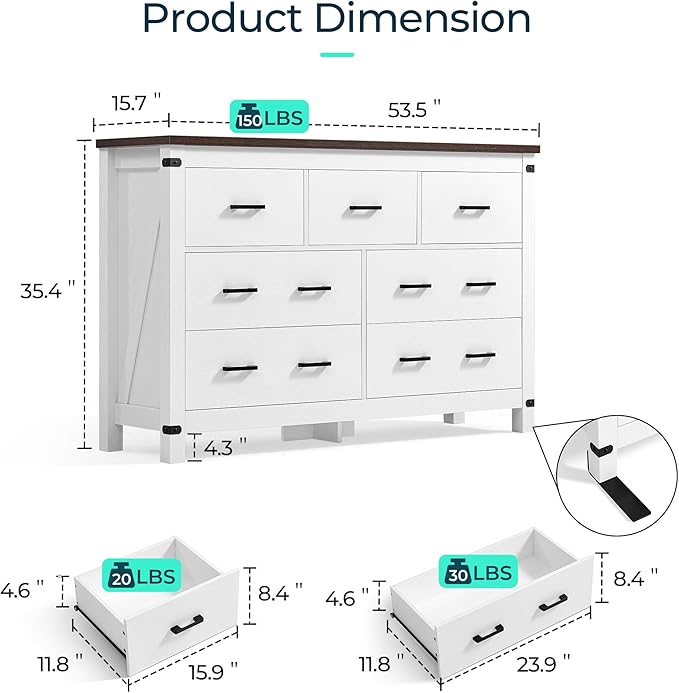 LINSY HOME Farmhouse Dresser for Bedroom with 7 Drawers, 53” Wide Rustic Wood Chest with Deep Drawer, Modern Dressers with Storage and Metal Handles for Closet, Living Room, Hallway, Off White