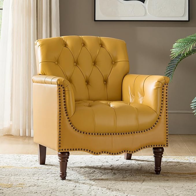 HULALA HOME Mid Century Modern Leather Club Chairs, Top-Grain Genuine Leather Armchairs with Button-Tufted Back & Solid Wood Legs, Accent Chairs for Living Room/Bedroom/Home Office, Yellow