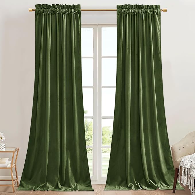 StangH Christmas Home Decor Moss Green Blackout Velvet Curtains 90 inches, Elegant Rod Pocket Thermal Insulated Thick Room Divider Curtains for Living Room, W42 x L90, 2 Panels