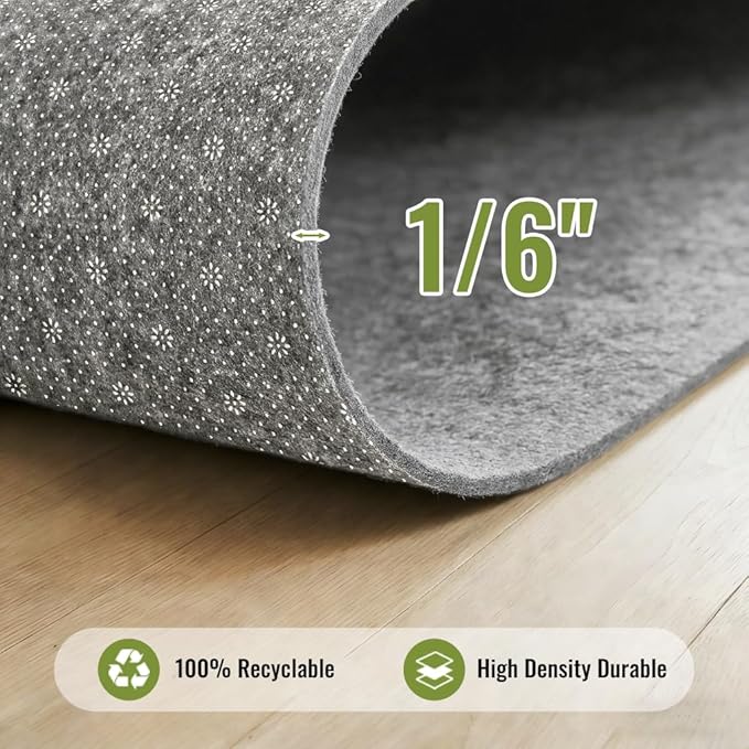 Felt Rug Pad with Gripper Dots, 2x6 Ft Non-Slip Rug Underpad with PVC Backing, 1/6" Thick Cushioned Carpet Pad Gripper for Hardwood Floors, Vinyl & Tile, Under Rug Padding Floor Protection