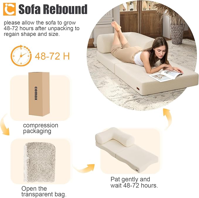 COMAX Folding Sofa Bed, Fold Out Chair, Foldable Sofa, Convertible Sleeper Chair for Adults, Futon Single Small Floor Couch for Spaces, Bedroom Living Room Guest Room, Beige
