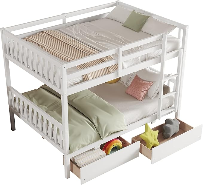 Full Over Full Bunk Bed with Storage Drawers,Convertible Bunk Beds with Ladder & Safety Guardrails,Full Size Bunk Beds for Kids Girls Boys,White