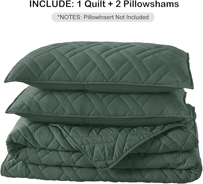 HORIMOTE HOME Quilt Set King Size Dark Green, Classic Geometric Diamond Stitched Pattern, Ultra Soft Microfiber Lightweight Bedding Bedspread Coverlet for All Season with 1 Quilt 2 Pillow Shams