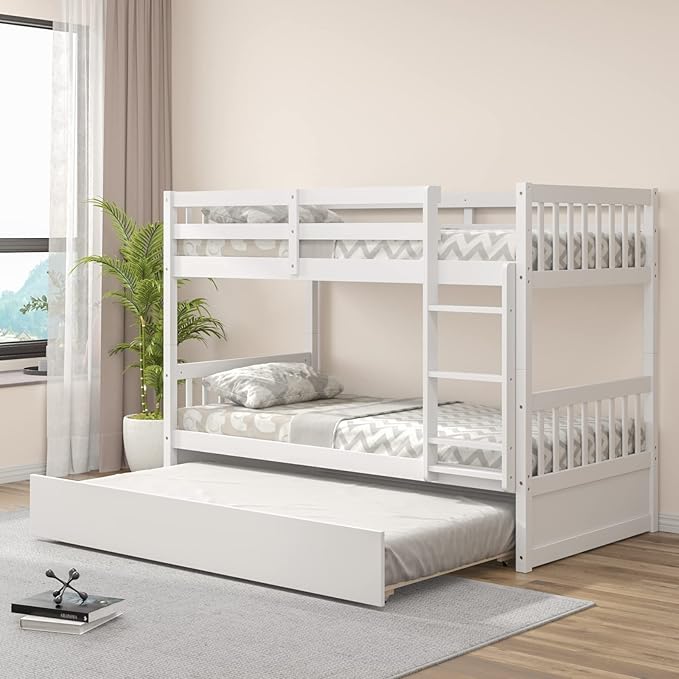 KOMFOTT Wood Twin Over Twin Bunk Bed with Trundle, Solid Pine Wood Bunk Bed Frame with Ladder & Safety Guardrails, Space-Saving Convertible Twin Bed Frame for Home & Dormitory, No Box Spring Needed
