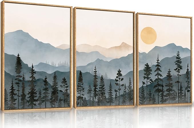 LHIUEM Boho Mountain Framed Canvas Wall Art Set,Forest Pine Tree Wall Decor, Sunrise Misty Wilderness Painting,Watercolor Nature Landscape Artwork for Living Room,Bedroom,Dining Room,Office -24"x36"x3