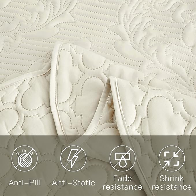 CHIXIN Bedspread Coverlet Set Queen Size - Lightweight Bedding Cover - Ultrasonic Quilting - 5 Piece Reversible Bedspread - Elegant Damask Paisley Pattern (Queen, Ivory)