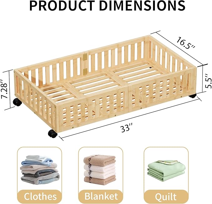 Bamboo Under Bed Storage with Wheels,Rolling Underbed Shoe Organizer Box for Shoes,Blankets,Toys,Clothes Container Space-Saving Bins for Bedroom,Closet,Dorm,Nursery