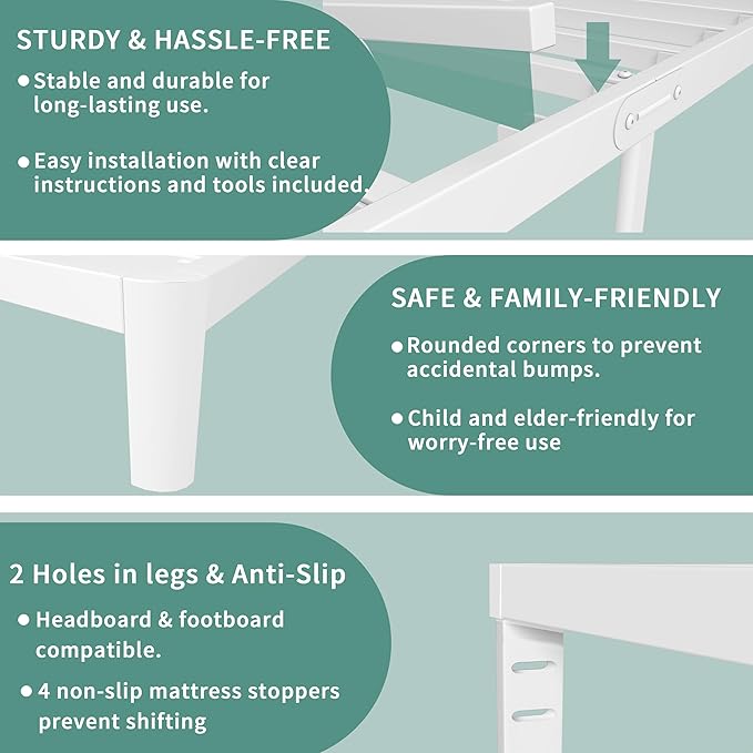 ITIMIDI 10 Inch White Bed Frame Twin Size with Metal Gaskets, Metal White Platform Bed Frame, No Box Spring Needed, Heavy Duty Steel Support 3000 LBS, Anti-Slip Mattress Stopper, Easy Assembly
