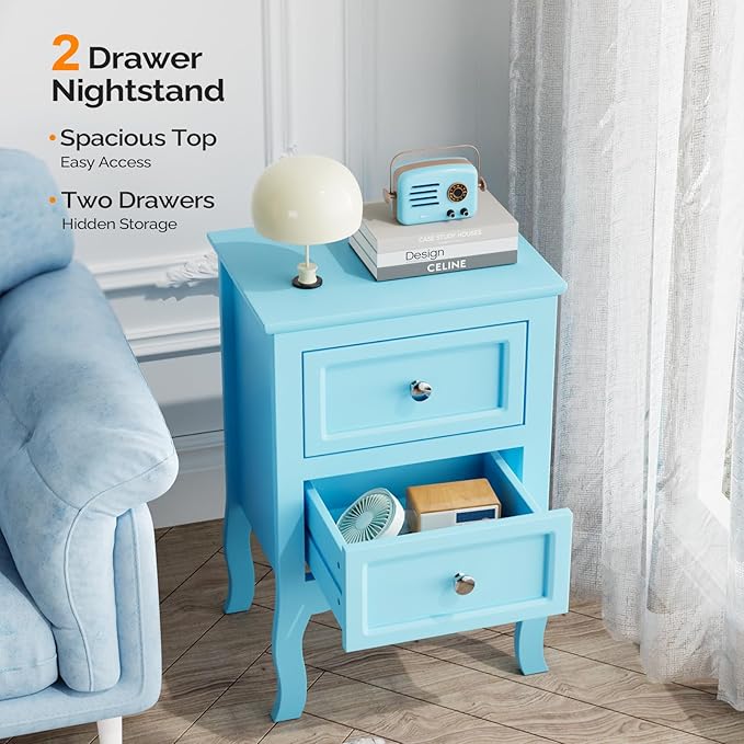 Bonnlo Nightstand Set of 2, Nightstands with 2 Drawers, Blue Nightstand, Bed Side Table/Night Stand, Small Nightstands for Bedroom, Small Spaces, College Dorm, Kids’ Room,Living Room, Wood,16W*12D*24H