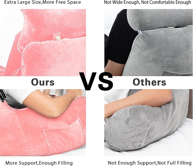 SLIGUY Reading Pillow-Bed Rest Pillow with Detachable Neck Roll & Higher Support Arm for Sitting in Bed Couch or Floor-Backrest Reading Pillow Adult Back Pillow for Reading/Watching TV/Gaming,Pink