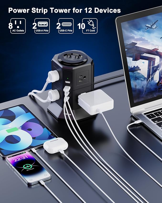Surge Protector Power Strip with 4 USB Ports(2 Type C) 8 AC Outlets, 10 Ft Ultra Flat Extension Cord with Multiple Outlets, Ultra Flat Plug Power Strip, Desktop Outlet Extender for Home Office Dorm