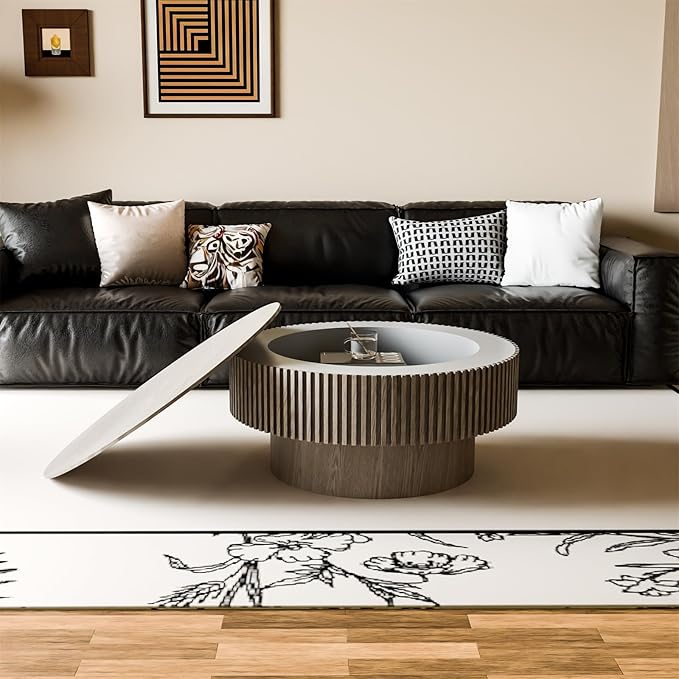 LKTART Round Coffee Table for Living Room, Accent Fluted Drum Coffee Table with Storage, Modern Solid Wood Veneered Circle Center Tea Table for Small Space Apartment (31.5''D×14''H-Grey)