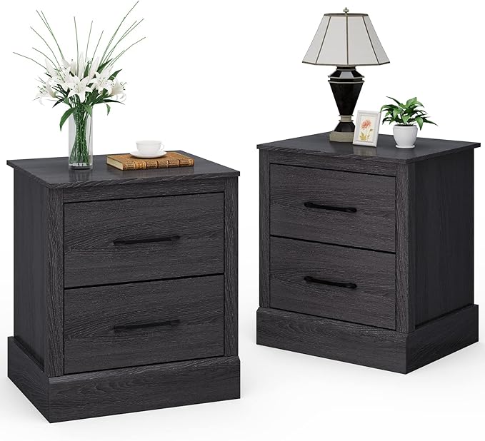Giantex Farmhouse Nightstand Set of 2, Wood Bedside Table with 2 Storage Drawers, Compact Floor Night Stand End Table, Accent Sofa Side Table for Bedroom, Grey Oak