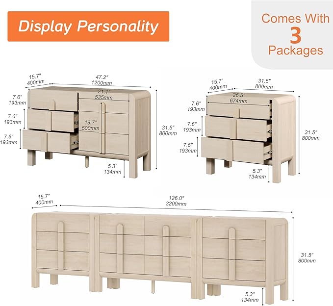 WAMPAT 3 Piece Bedroom Dresser Set, 110.2" Wide Mid Century Modern Chest of Drawers with Curved Handles, Dresser TV Stand with 12 Drawers, Wood Drawer Organizer for Bedroom, Light Oak