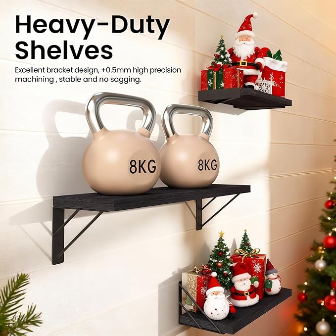 BAYKA Wall Mounted Floating Shelves, Wood Floating Wall Shelf for Books & Decor, Small Space-Saving Display & Organizer（Black，Set of 4）