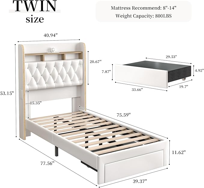 Twin LED Bed Frame with Storage Drawer, PU Upholstered Platform Beds with Galaxy Star Projector and Speaker, Aurora Bedframe with 2-Tier Storage Headboard for Small Bedroom Apartment, White